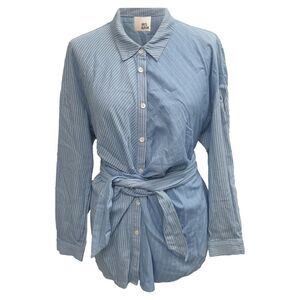 Iris & Ink Striped Button-Down Tie-Waist Shirt in Blue Cotton